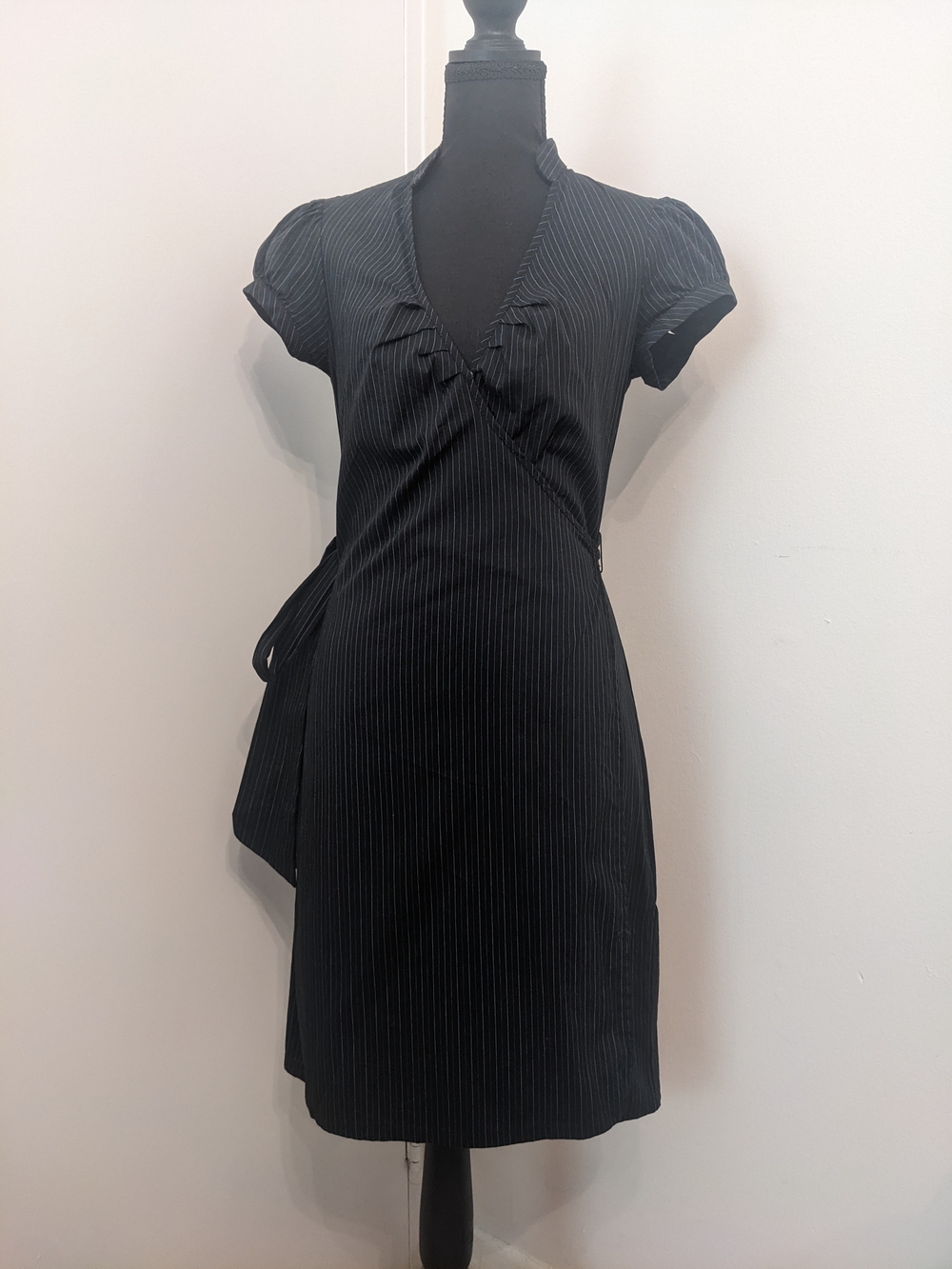 Express Design Studio Black Pinstripe Wrap Dress | V-Neck,Cap Sleeves,Tie Waist